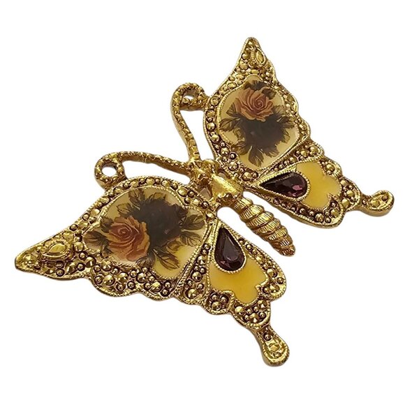 1928 Brand Purple Rhinestone Butterfly Rose Flower Pin, Victorian Theme - Picture 2 of 8